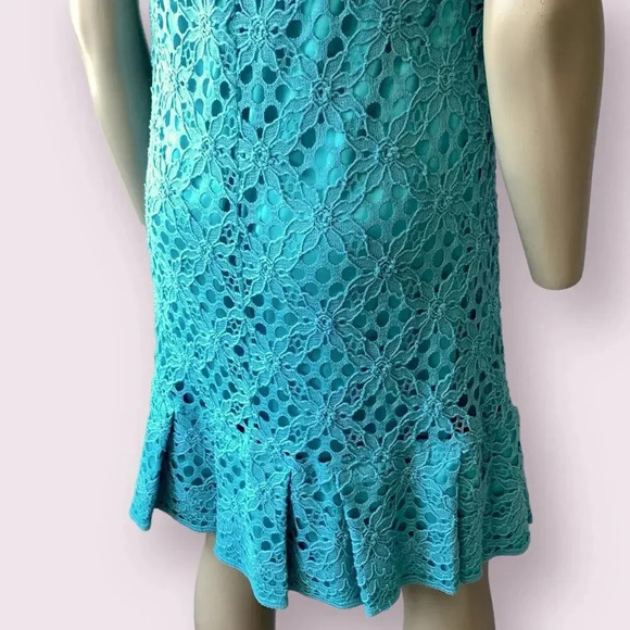 JAX Cap Sleeves Eyelet Crocheted Lace Shift Dress Pleated Hem Size 12 Teal Retro - Picture 11 of 16